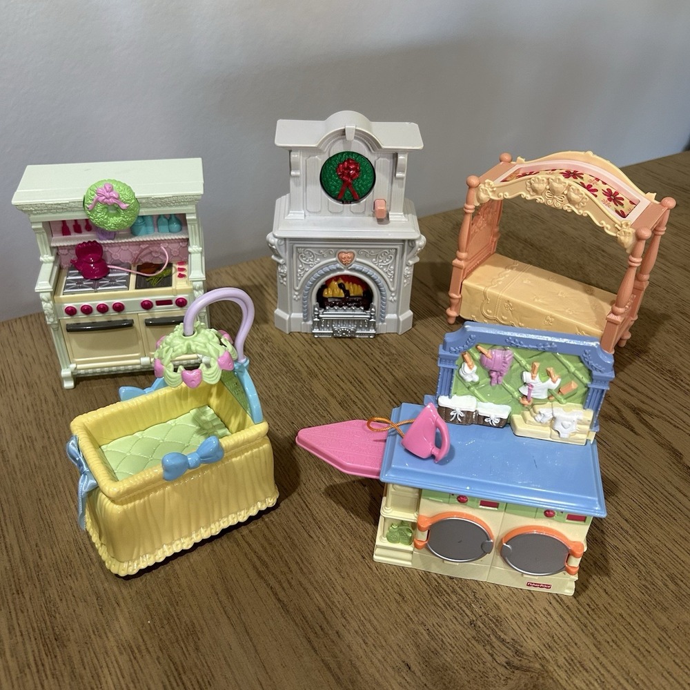 Fisher-Price Loving Family Dollhouse Kitchen Laundry Fireplace Bed Crib 5 Items
